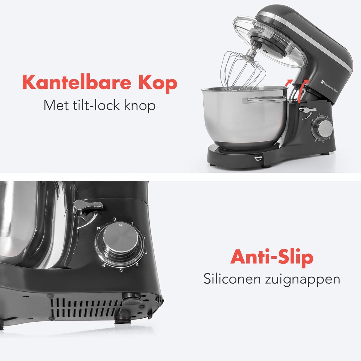 KitchenBrothers Food Processor - Mixeur de cuisine avec bol de 6L en acier inoxydable - Robot de cuisine - 1400W - Anthracite