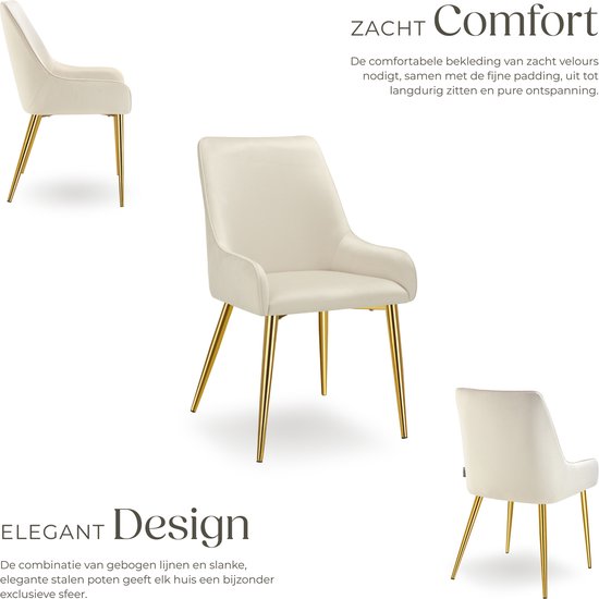 tectake® Chaise de salle à manger Avane - Aspect velours - Chaise ergonomique rembourrée avec pieds en acier doré - Capacité 120 kg - Chaise de salle à manger et de cuisine moderne - Lot de 2 - Beige