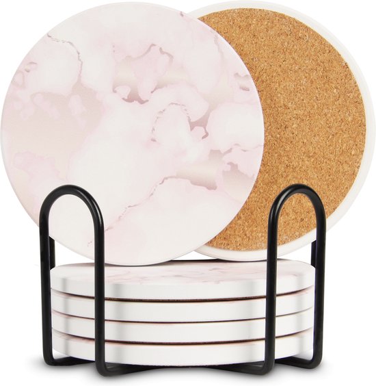 Castagnola Sous-verres en céramique avec support - Sous-verres pour verres - Sous-verres design - Sous-verres - Sous-verres à boire - Céramique - Liège - Lot de 6 - Rose/Blanc