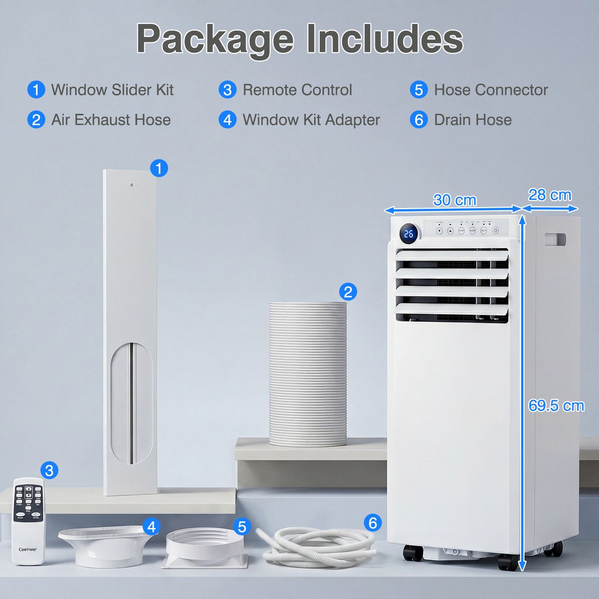 Climatiseur portable Coast - Refroidisseur d'air 4-en-1 avec déshumidificateur et ventilateur - mode nuit - blanc et noir - 30 x 29 x 69 cm