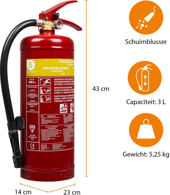 Smartwares FEX-15230 - Extincteur à mousse 3 L - Avec support de fixation - Classes d'incendie A et B - Certifié BSI
