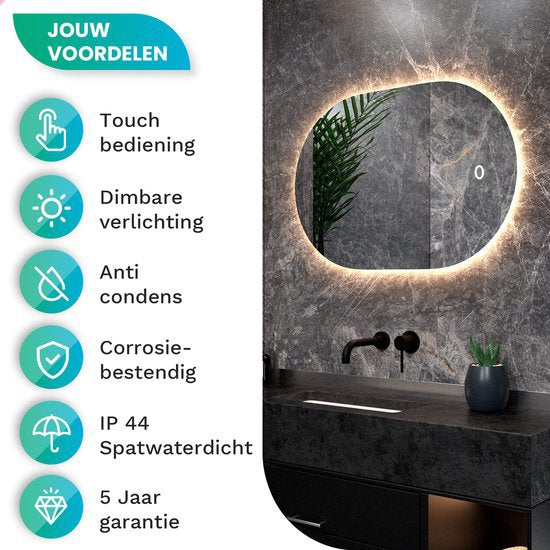 Mirlux Miroir de salle de bain avec éclairage LED et chauffage - Miroir mural ovale - Miroir de douche anti-condensation - 90x60CM