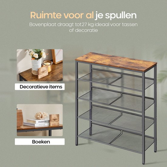 O'DADDY® Shoe Rack - 5 Layer - Shoe Storage System - Shoe Rack - Shoe Cabinet - Shoe Cabinet - Industrial Design - Brown Wood - Black Metal