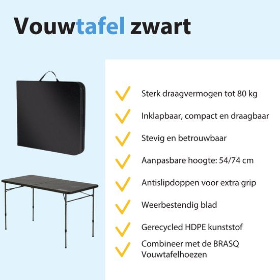 Table pliante BRASQ noire - 120 x 60 x 74 cm - Table de camping - Table pliante - Pliable - Résistante aux intempéries