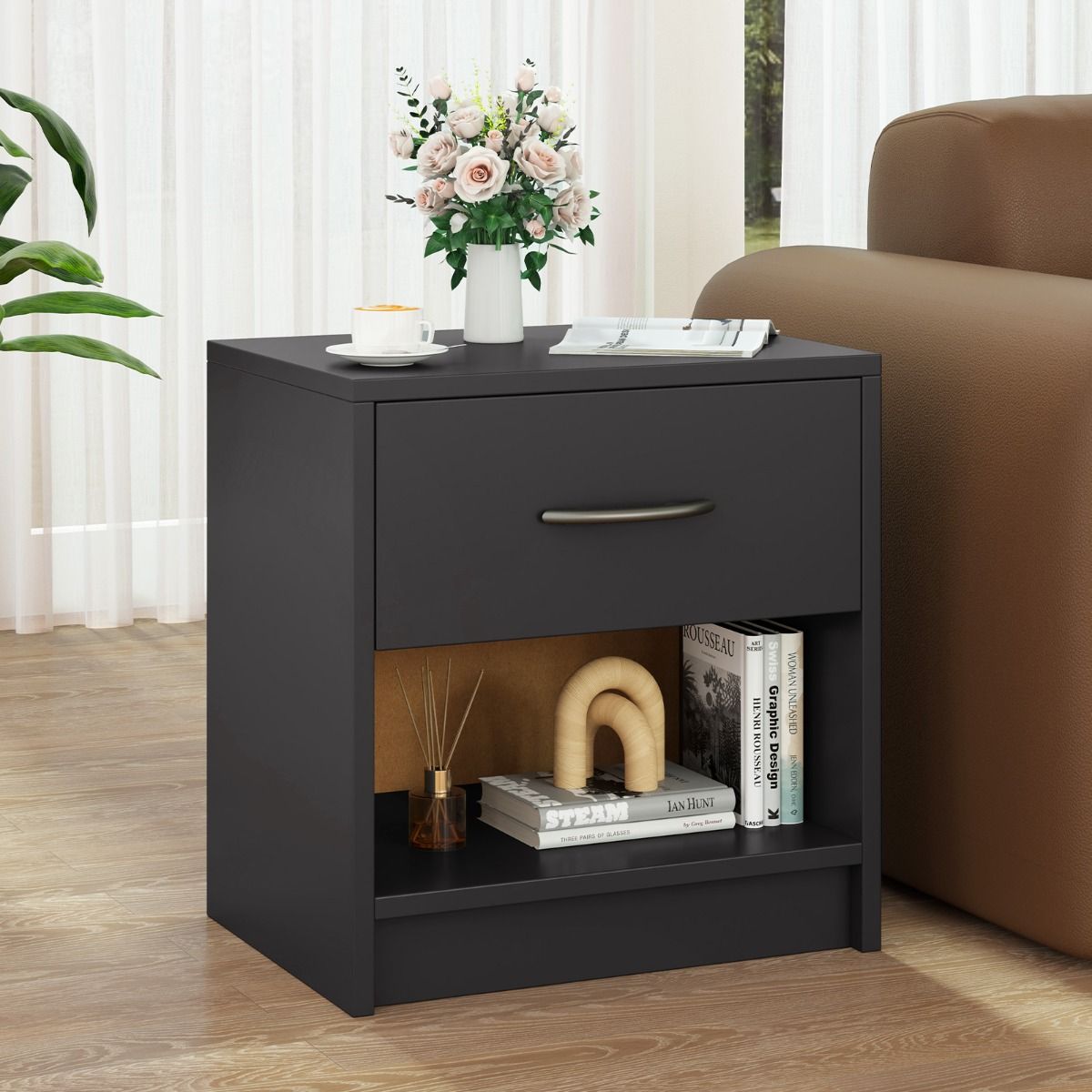 Table de chevet Coast avec tiroir - étagère de rangement ouverte - design compact - 38,5 x 28 x 40,5 cm - marron et noir