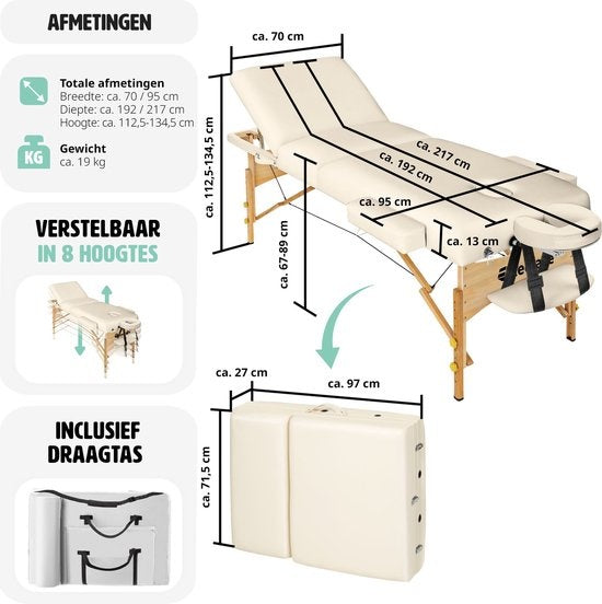 tectake® - Table de massage avec matelas de 10 cm + sac de transport table de traitement table de massage - beige - banc de traitement - avec sac de rangement - pliable