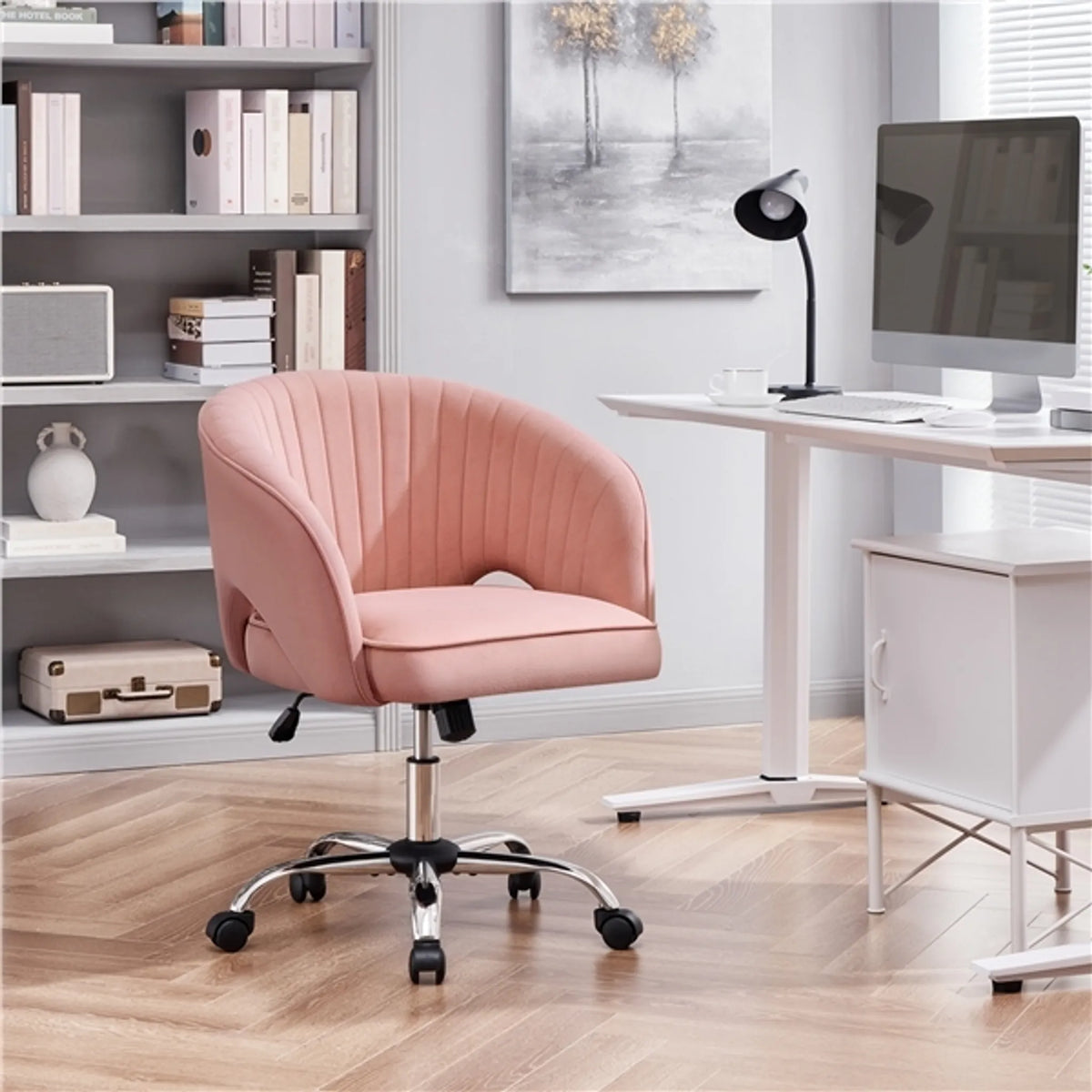 Yaheetech Chaise de bureau à bascule - Hauteur réglable par vérin à gaz, roues pivotantes à 360° et motif vertical - Pour bureau et salle de réception - Velours rose et métal - 60 x 56,5 x 73-83 cm