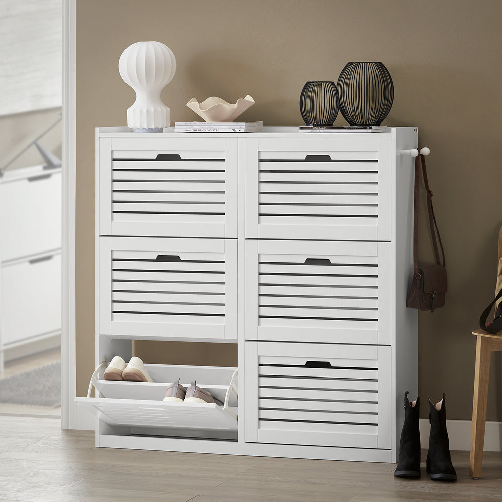 SoBuy FSR145-W Armoire à chaussures avec 6 volets, commode à chaussures avec 2 crochets, étagère à chaussures, boîte à chaussures, armoire d'entrée
