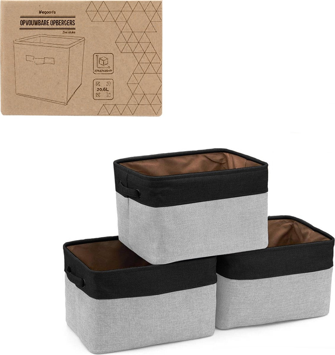 LifeGoods Panier de rangement - 3 pièces - Organiseur de placard - 20 L - Textile - Gris