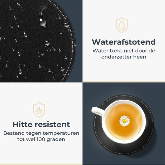 Castagnola Sous-verres en cuir synthétique - Sous-verres pour verres - Sous-verres design avec support - Sous-verres en cuir - Cuir - Lot de 6 - Noir avec surpiqûres