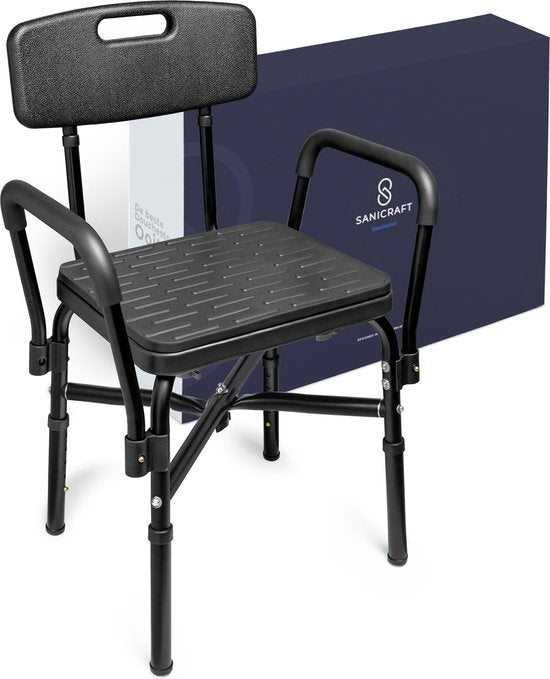 Sanicraft® Chaise de douche - Tabouret de douche avec accoudoir et support de pommeau de douche - chaise et tabouret en 1 - hauteur réglable - pieds antidérapants - noir