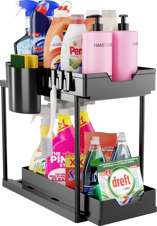 Posity Rangement pour évier - Rangement pour armoire de cuisine - Tiroir coulissant - Rangement pour armoire - Rangement pour salle de bain - Rangement pour comptoir - 2 tiroirs coulissants - Noir