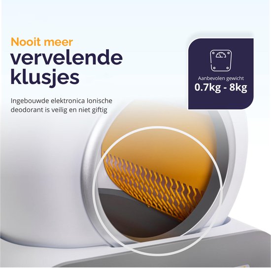 Litière automatique pour chat Viervoeter – Autonettoyante – Contrôle via une application – avec tapis et 3 rouleaux de sacs de ramassage – 65 L