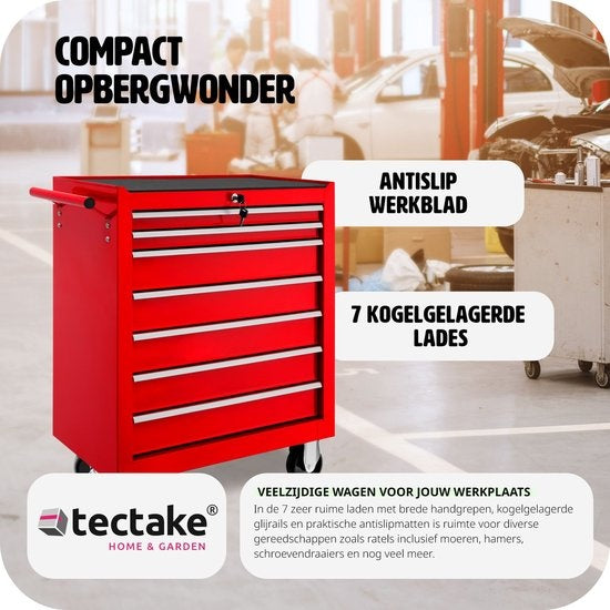 tectake® - Chariot à outils avec 7 tiroirs - chariot d'atelier, atelier mobile, chariot à outils vide, boîte à outils, 7 tiroirs, 69 x 33 x 79 cm, roues avec frein, incl. 2 clés - rouge