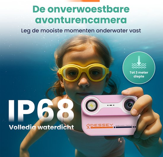 Appareil photo étanche pour enfants ODESSEY - avec trépied - Full HD - Appareil photo pour selfies - Carte SD de 32 Go - Photo - Vidéo - Jeux - Appareil photo numérique pour enfants - Appareil photo pour enfants - Rose