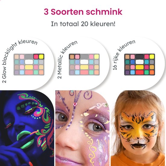 Partizzle Set de peinture pour le visage à base d'eau - Livre de peinture pour le visage et set de modèles - Pinceaux, éponges, craie pour les cheveux, paillettes bio - Noël enfants - 20 couleurs