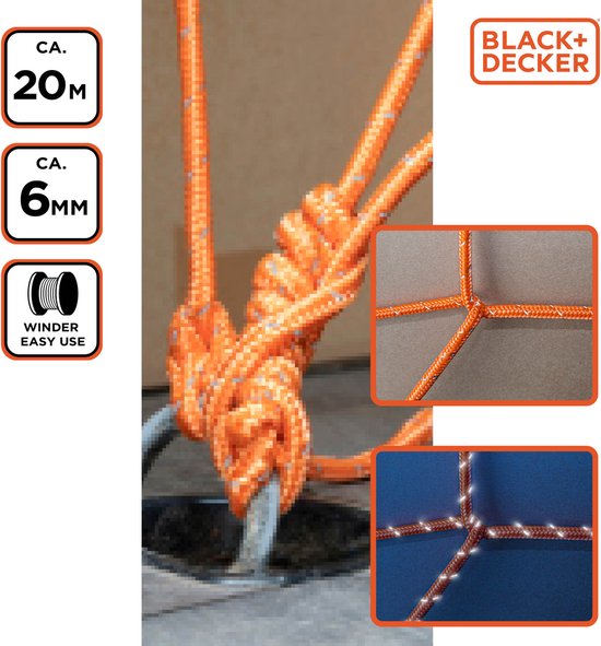 BLACK+DECKER Sangle d'arrimage avec rétracteur - Sangle d'arrimage 20 mètres - 6MM - Nylon - Orange