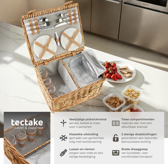 tectake® complete Picnic Basket Set Terschelling - Luxury 21-piece Picnic Set for 2 - Wicker Picnic Basket - Includes Cooler, Set with Plates, Plastic Wine Glasses and Stainless Steel Cutlery