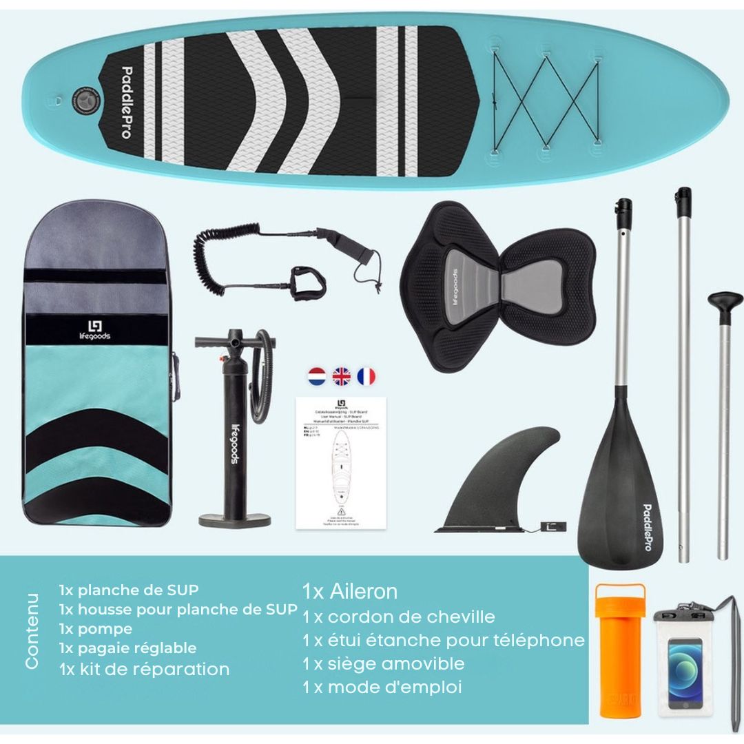 Paddle LifeGoods SUP Board - avec siège - Set complet - Max. 135KG - 320x81cm - Vert menthe/Noir