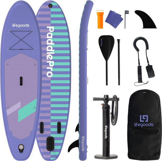 LifeGoods SUP Board All-round Compact - 100 KG Load Capacity - 300 x 76 cm - Inflatable - Complete SUP Package - Purple
