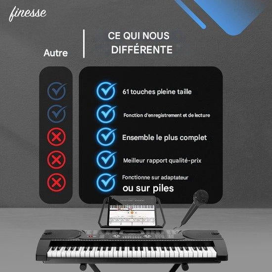 Piano à clavier avec support Finesse, 61 touches, Modèle Chicago, Noir