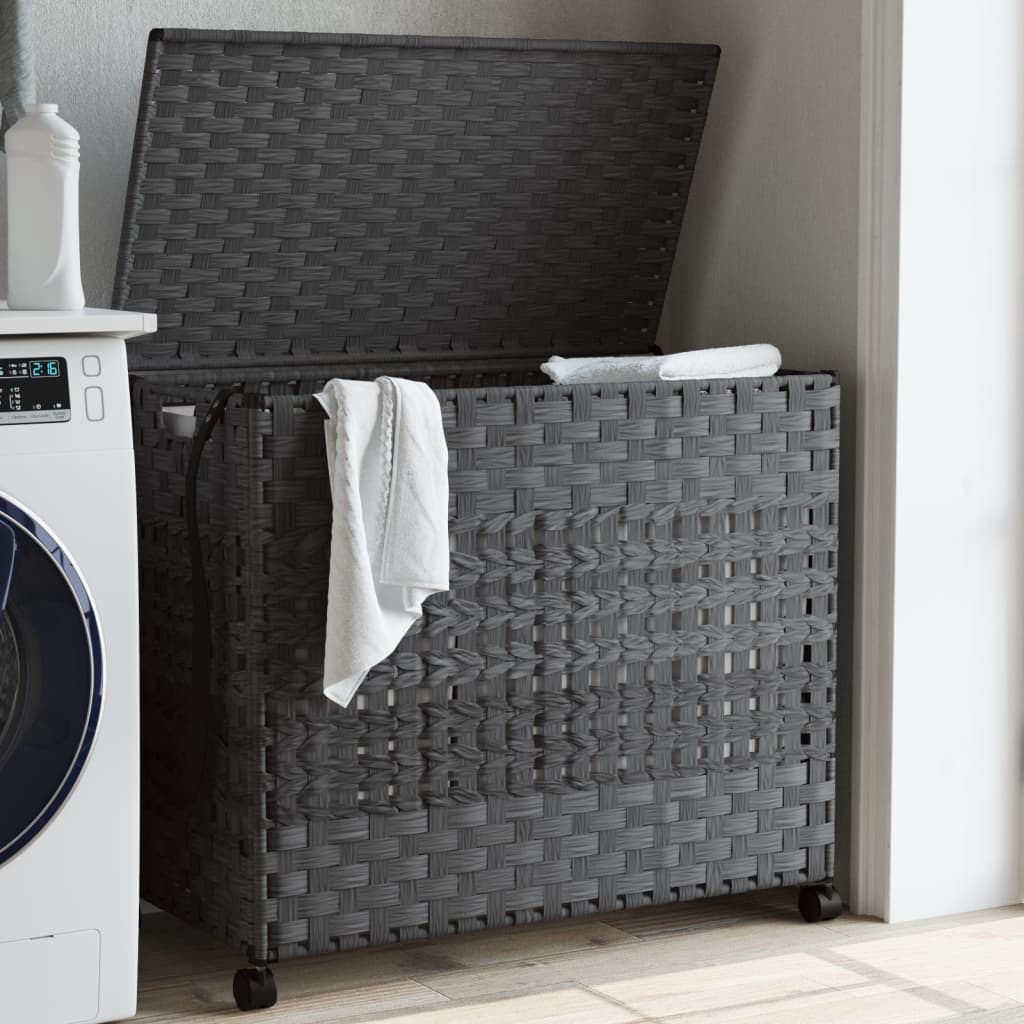 vidaXL Panier à linge à roulettes 66 x 35 x 60 cm - Rotin - Gris - 3 compartiments - Pliable