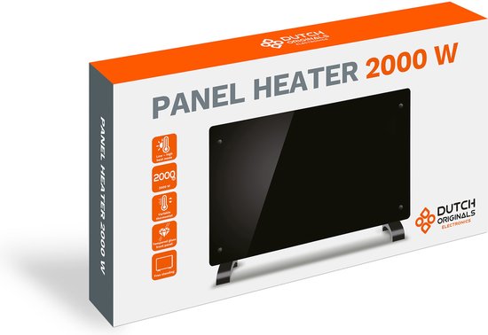 Dutch Originals - Convecteur - 2000 W - Noir - Minuterie réglable - 2 niveaux de chaleur - Verre trempé - 42,5 x 24 x 77 cm