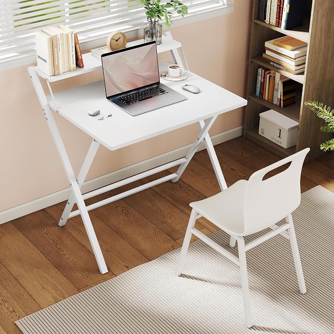 Bureau pliable Yaheetech 80 x 50 cm - Blanc - Bureau d'ordinateur avec support d'écran et étagère de rangement