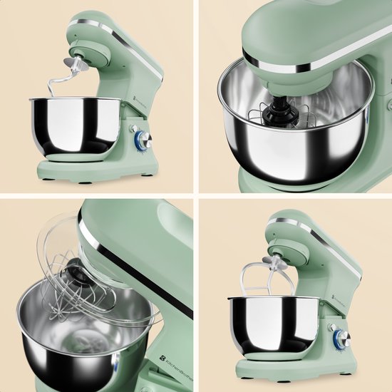 KitchenBrothers Robot de cuisine - 1200W - Robot de cuisine - 5L - Mélangeur à pain - Mélangeur avec bol - Mélangeur de cuisine - Vert pastel