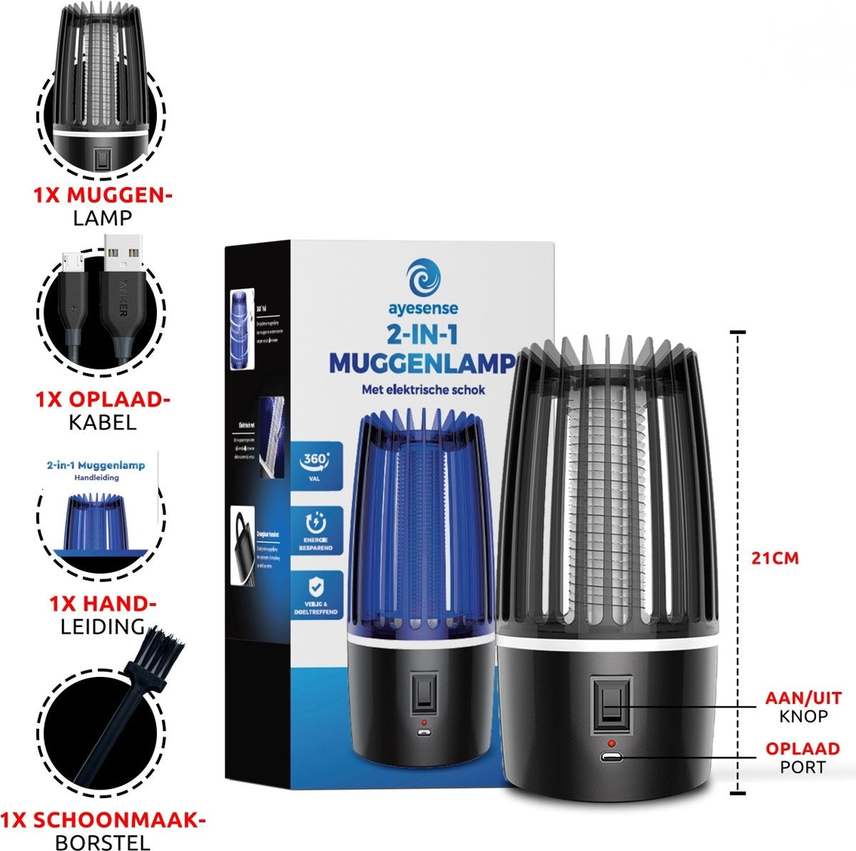 Lampe anti-moustique professionnelle AyeSense 2 en 1 - Sans fil et rechargeable - Batterie intégrée 4000mAh - Attrape-moustiques - Lampe anti-insectes - Lampe anti-moustiques UV