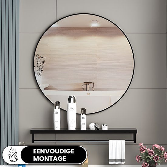Bayt Miroir de salle de bain - Miroir rond - Miroir mural - Noir - 50ø cm