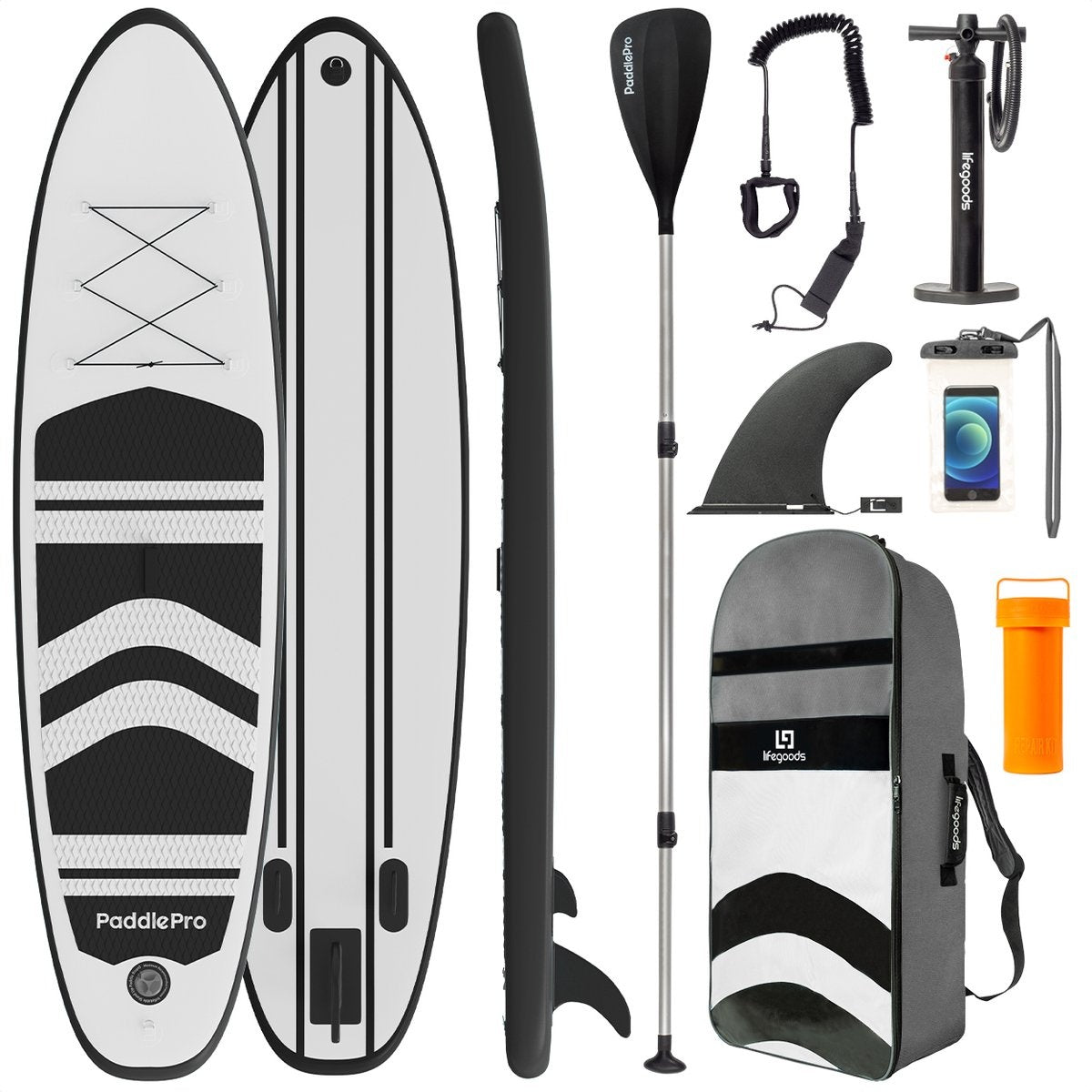 LifeGoods SUP Board - Planche à pagaie gonflable - Ensemble complet - Max. 135KG - 320x81cm - Blanc/Noir