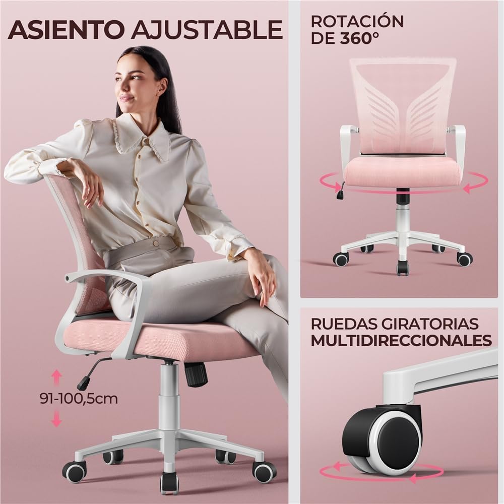 Chaise de bureau pivotante Yaheetech - Tissu maillé - Rose - Soutien lombaire ergonomique - Hauteur réglable - Fonction d'inclinaison