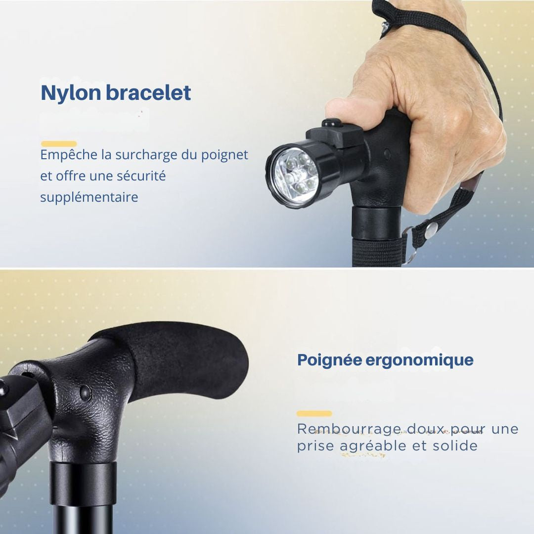 Canne de marche - SafeLife - avec lumière LED - pliable et ajustable - noir