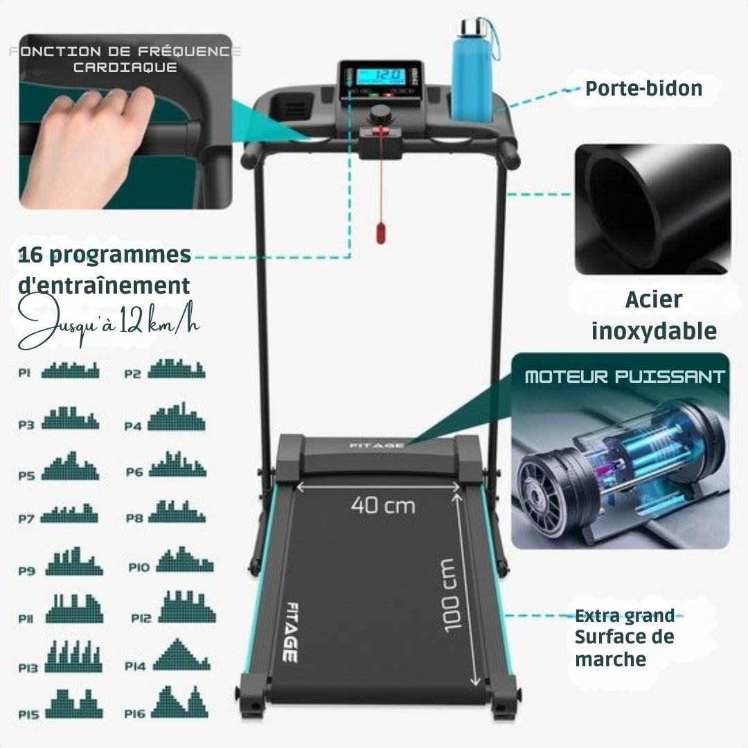 Tapis de course pour la maison Fitage - Fonction d'inclinaison - Bluetooth - 1-12 km/h - Pliable - 100 x 64 x 25 cm - Noir