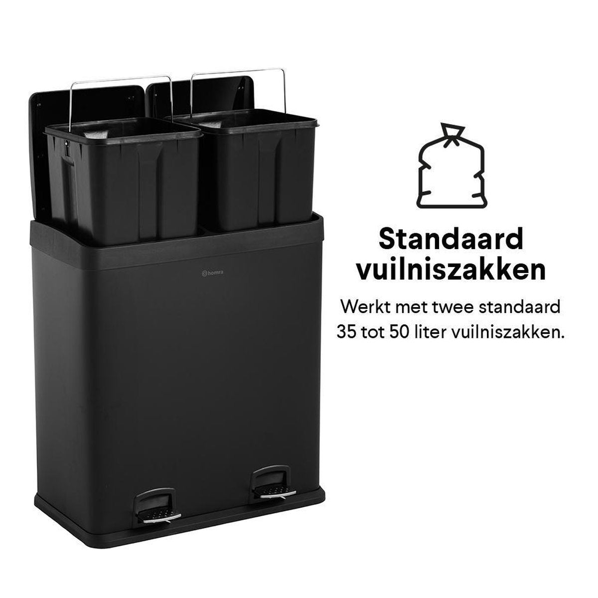 Poubelle de tri sélectif avec 2 compartiments - Homra NEVIQ - 2 x 30 L de capacité - Acier inoxydable de haute qualité - Poubelle noir