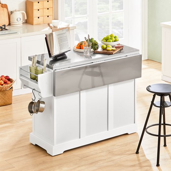 Chariot de service SoBuy - Chariot de cuisine blanc avec plateau rabattable - 3 tiroirs, 2 portes, étagères réglables | FKW41-II-ST