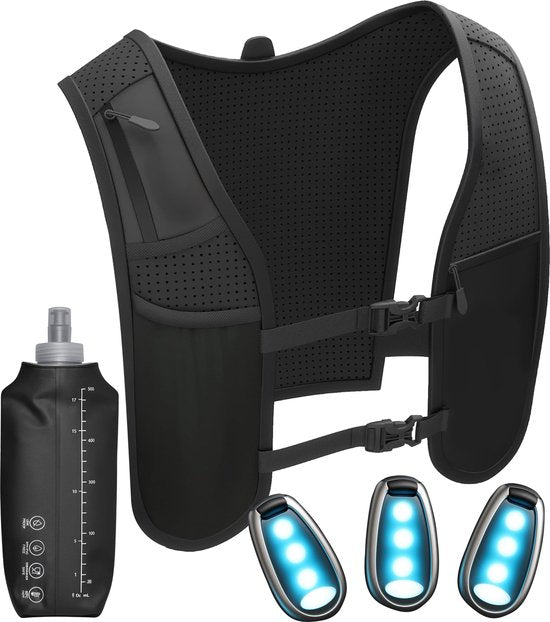 Nuvance Running Vest - 3x LED - Gilet de course à pied avec éclairage - Gilet de course à pied - Gilet de course à pied avec poche pour bouteille d'eau et téléphone - Universel