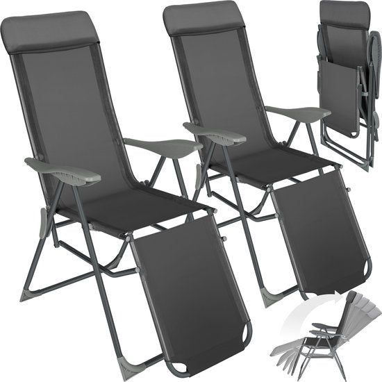 tectake® - Lot de 2 chaises pliantes - Chaises de jardin en aluminium - Pliantes avec appui-tête et repose-pieds - Chaises longues pour le jardin, la terrasse ou le balcon - Chaise de camping - Anthracite