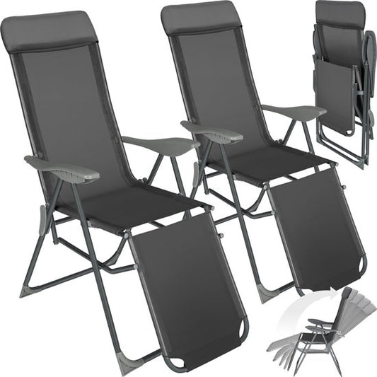 tectake® - Lot de 2 chaises pliantes - Chaises de jardin en aluminium - Pliantes avec appui-tête et repose-pieds - Chaises longues pour le jardin, la terrasse ou le balcon - Chaise de camping - Anthracite