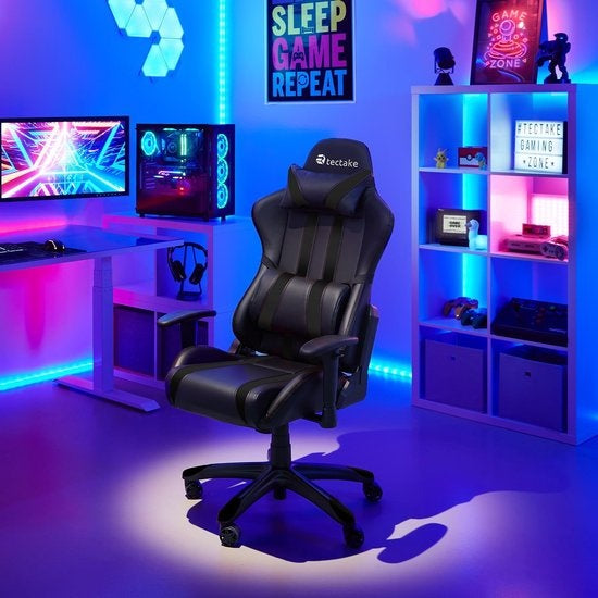 tectake® - bureaustoel gamingchair - luxe burostoel kantoorstoel - racingstoel burostoel gamestoel - zwart - kunstleer - verstelbaar - incl. rug- en nekkussen