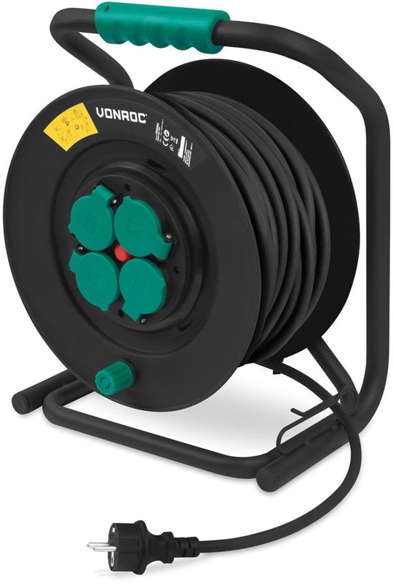 VONROC PRO Enrouleur de câble 50m - IP44 - Câble néoprène H07RN-F 3x1,5 mm² - 4 prises Schuko mises à la terre - 3000W (déroulé)/1100W (enroulé) - Âme solide - Protection thermique