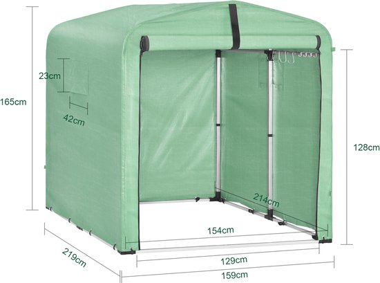 SoBuy KLS11-L-GR Garden House, armoire étanche pour l'extérieur, rangement pour motos avec crochets, garage pour vélos et rangement pour outils, rangement pour vélos, espace de stockage, vert, 159x219x165 cm