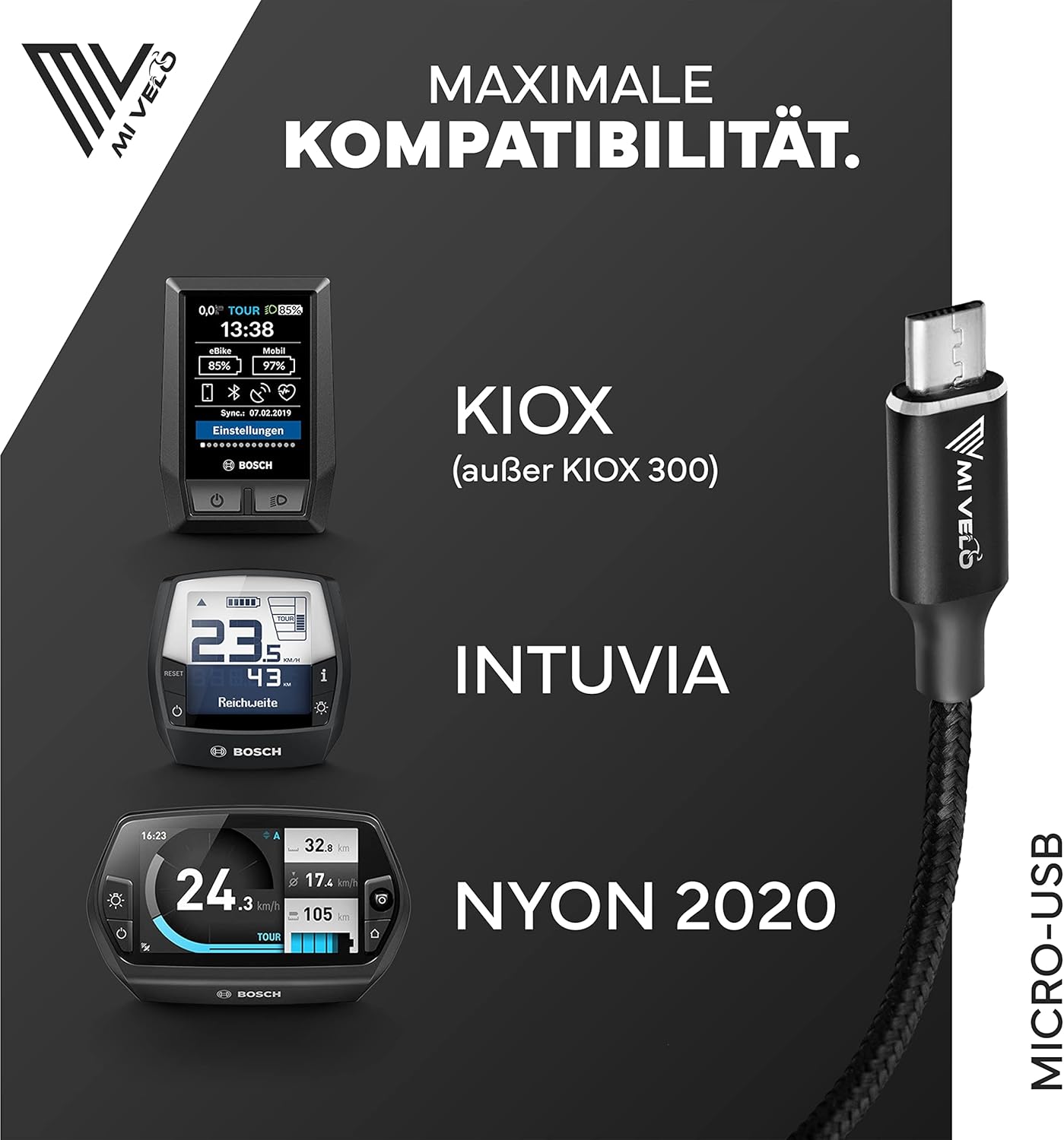 MIVELO E-bike Charging Cable for Bosch Display - 35 cm OTG Cable for iPhone (Lightning), USB-C & Micro-USB - Convient à Intuvia, Kiox (pas 300), Nyon (ancien modèle)