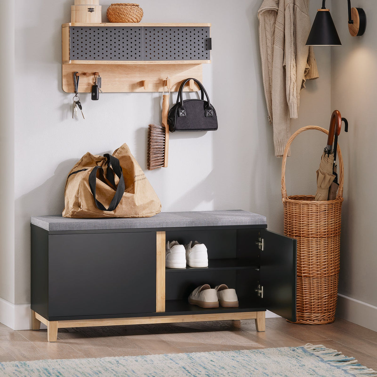 SoBuy FSR117-SCH Banc à chaussures - Banc de rangement noir avec 2 portes