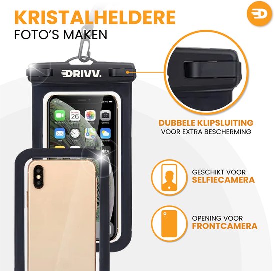 Drivv. Étui étanche pour téléphone – Lot de 2 - Double fermeture à clip - Jusqu'à 6,7 pouces – Étui sous-marin pour téléphone - Noir