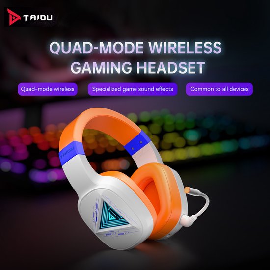 TAIDU THS320Pro - Casque de jeu sans fil 2,4GHz - Casque Bluetooth - avec microphone - Convient pour PS4/PS5, Nintendo Switch - Multiplateforme - Blanc Orange