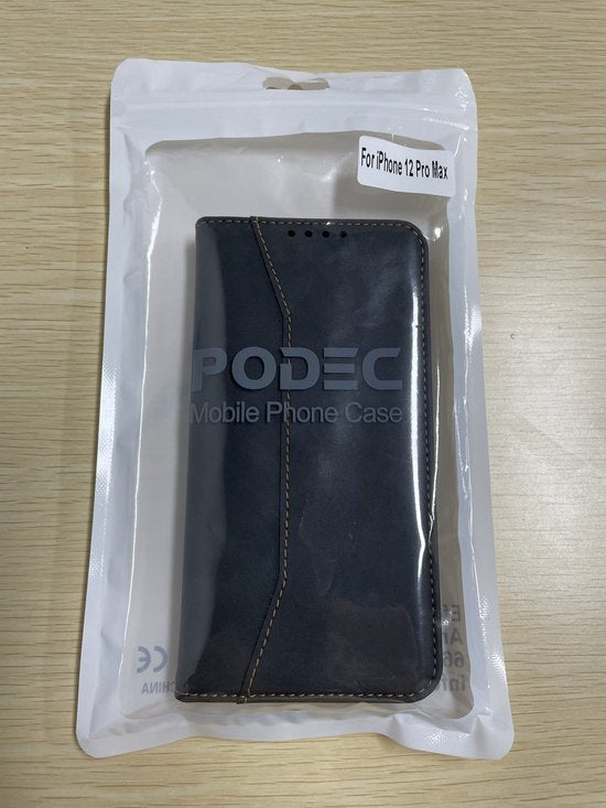 Étui Podec avec porte-cartes, compatible avec l'iPhone 12 Pro Max, étui noir pour téléphone - Étui « Bookcase » antichoc avec 1 protecteur d'écran - Étui portefeuille