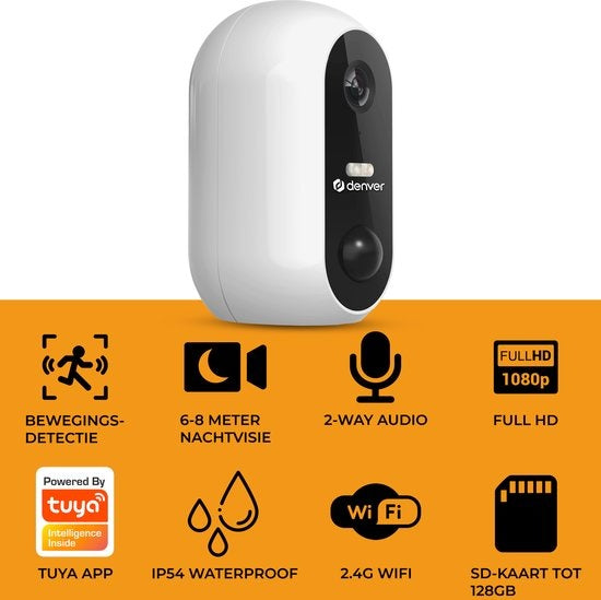 Denver Security Camera Wireless Outdoor - Caméra avec vision nocturne - Tuya App - WiFi - Full HD - 1080P - Détection de mouvement - Facile à installer - IOB209 - Blanc