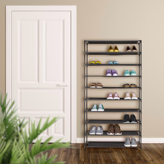 étagère à chaussures haute - 10 étages - métal - tissu - 83 cm de large - noir